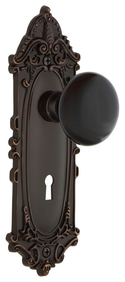 Victorian Plate With Keyhole Privacy Black Porcelain Knob, Timeless Bronze