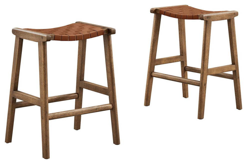 Saoirse Faux Leather Wood Counter Stool - Set of 2 - Walnut Brown