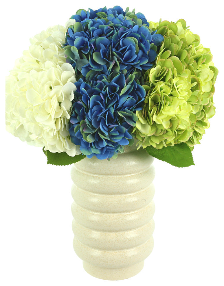 Multicolor Hydrangea Arrangement in Ridged Ceramic Vase