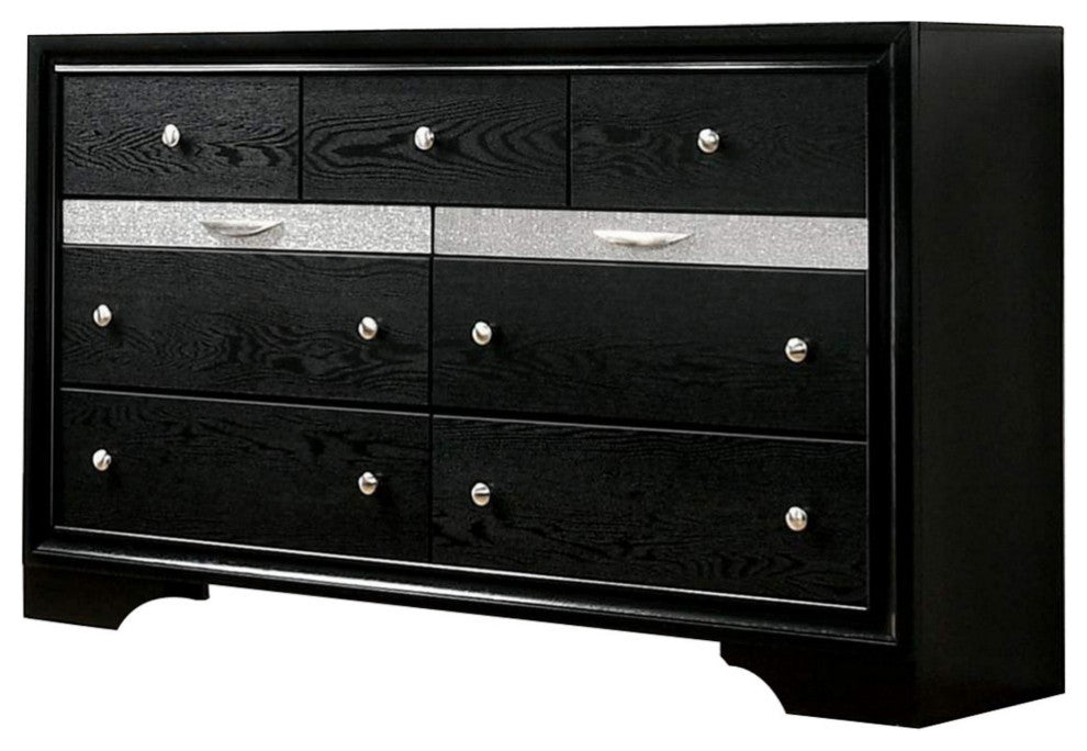 Dresser with Silver Trim Accent and 2 Jewelry Drawer, Black