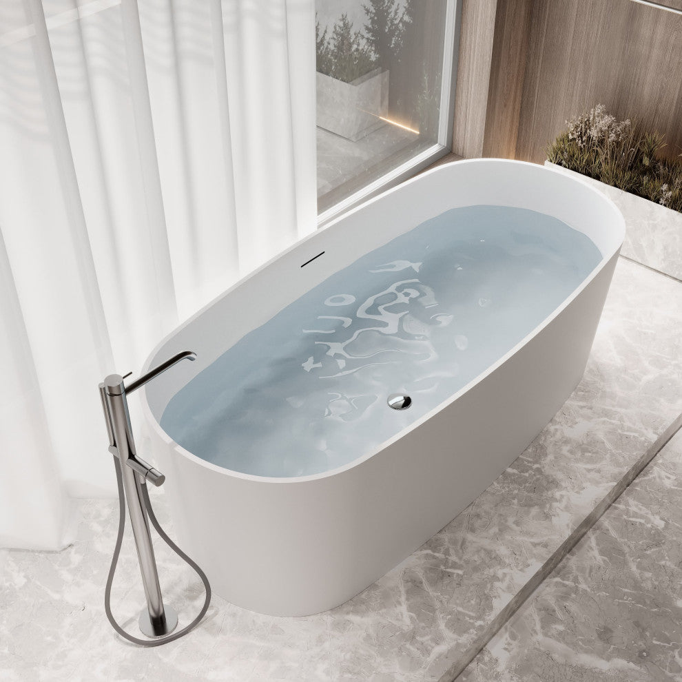 67" Streamline NS5800CH Matte White Stone Resin Bathtub, Tray With Chrome Drain