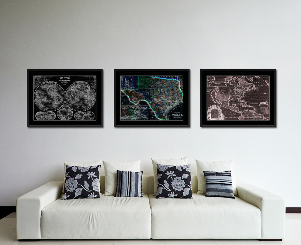 Texas Vintage Vivid Sepia Map Print On Canvas With Black Custom Frame, 16" X 21"