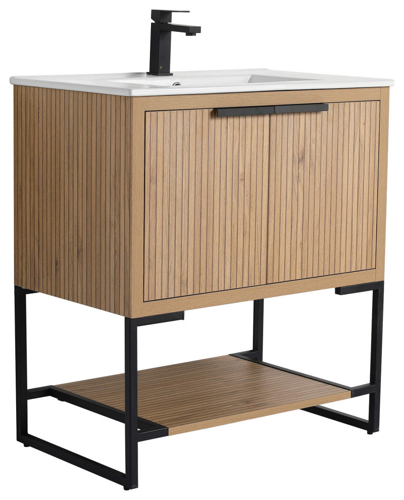 Kingsford Grooved-Look Bath Vanity, Bright Oak, White Ceramic Sink, 30", Doors