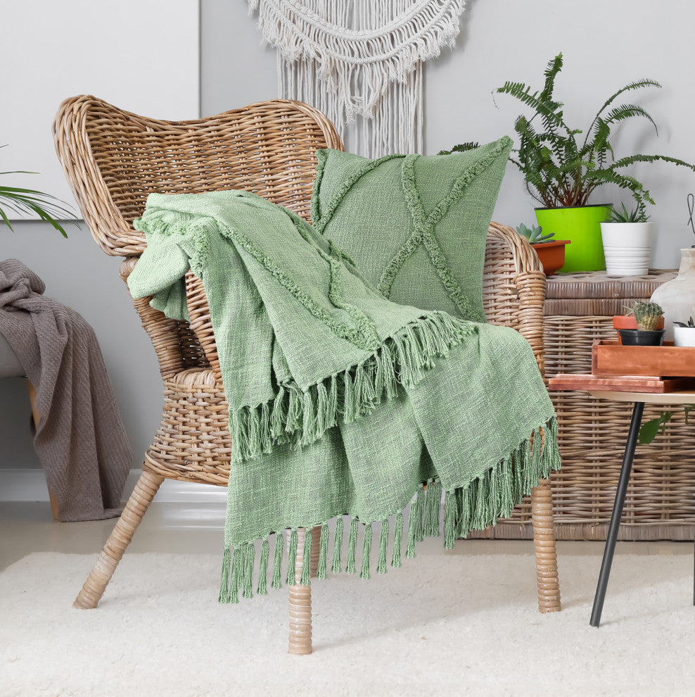 Bohemian Basics Decorative Diamond Tufted Cotton Throw Blanket, Light Green