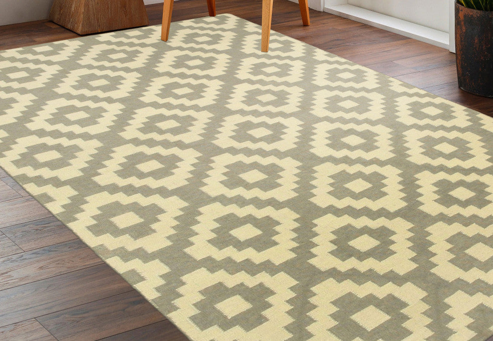 Handmade Wool Gray Contemporary Trellis Flatweave Reversible Moroccan Rug, 12'x15'