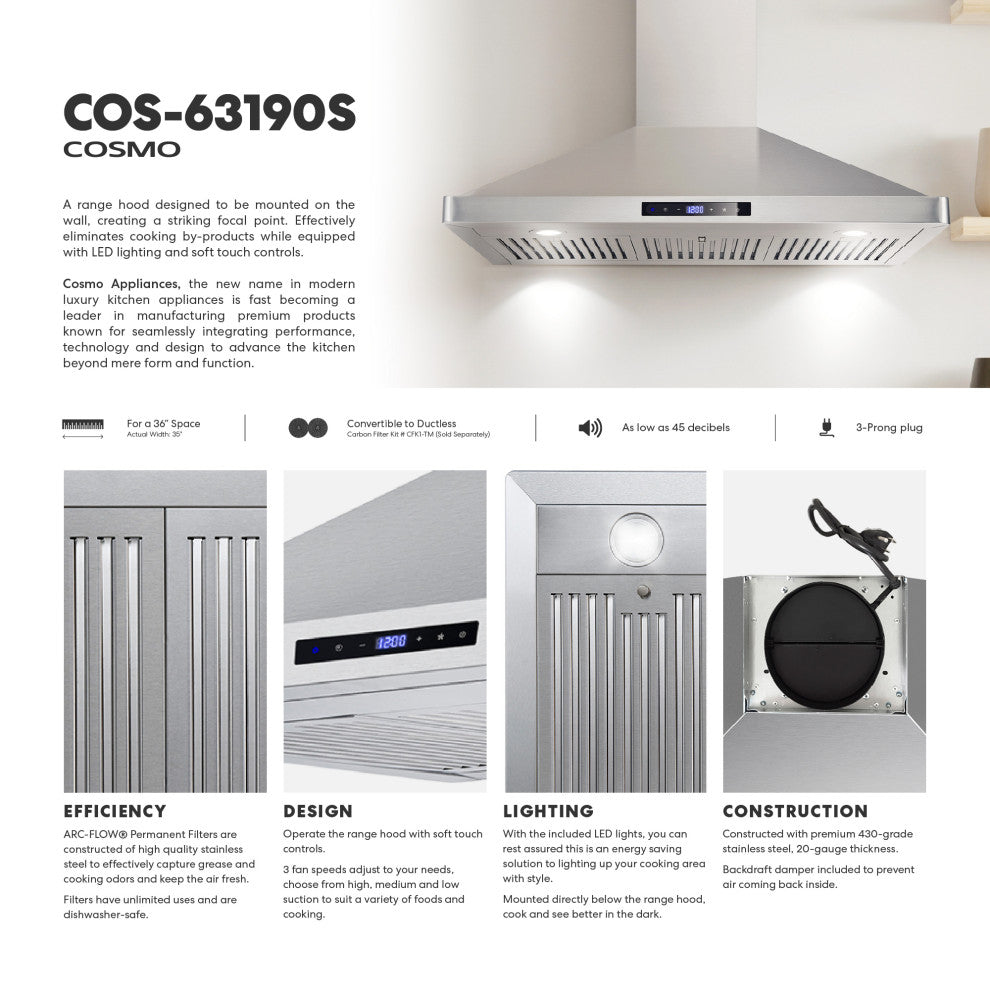 Cosmo Ducted Wall Mount Range Hood in Stainless Steel, Permanent Filters, 36"