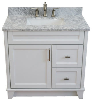 37" Single Sink Vanity, White Finish With White Carrara Marble
