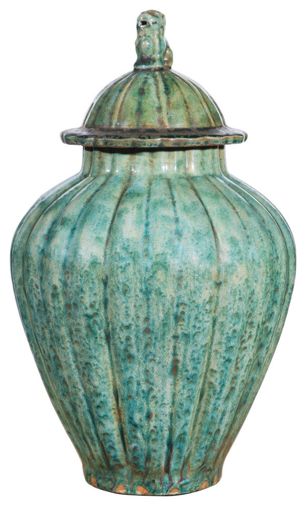 Speckled Green Ribbed Lion Lid Jar