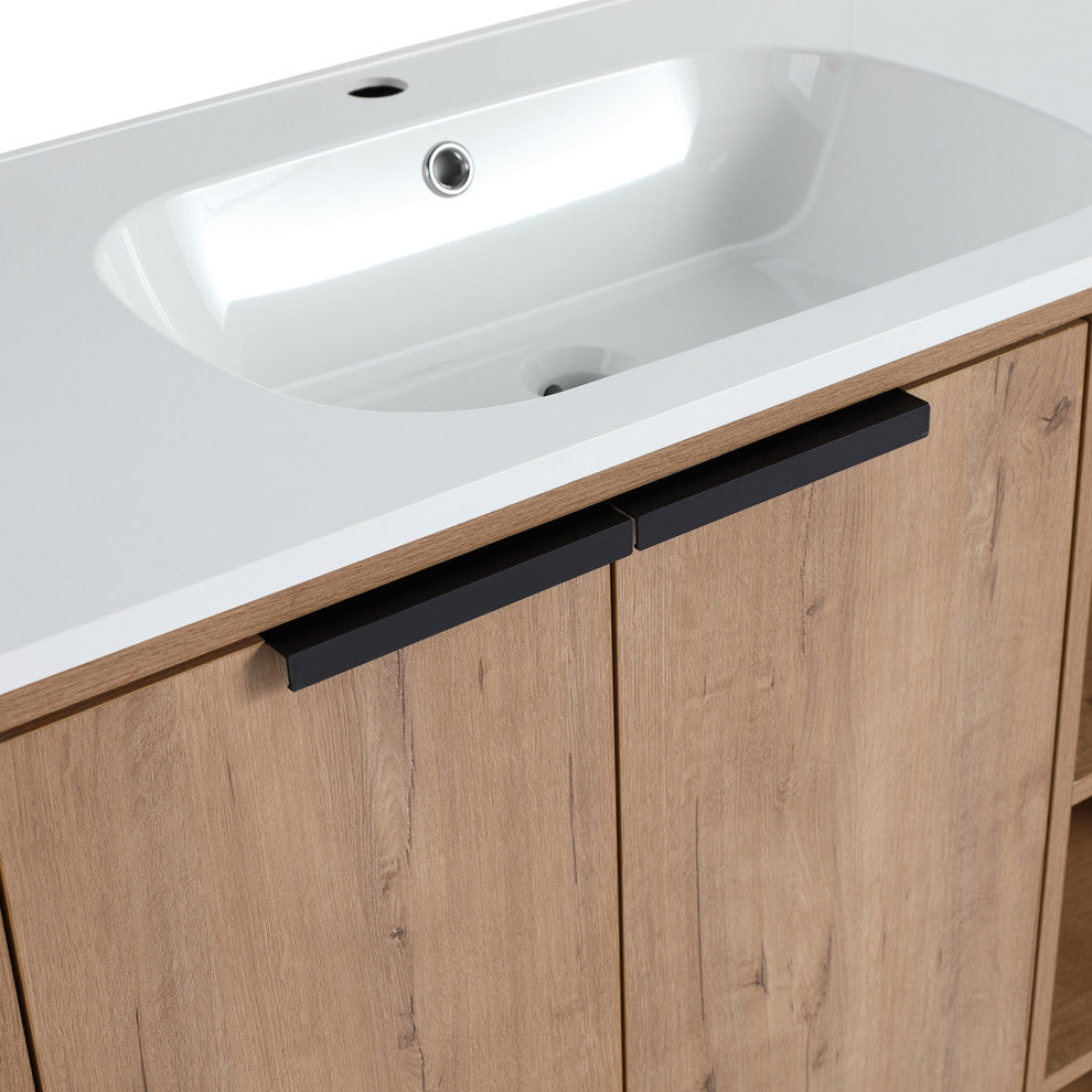 Single Vanity, Neutral Finish With Solid Surface Resin White Sink, 36"