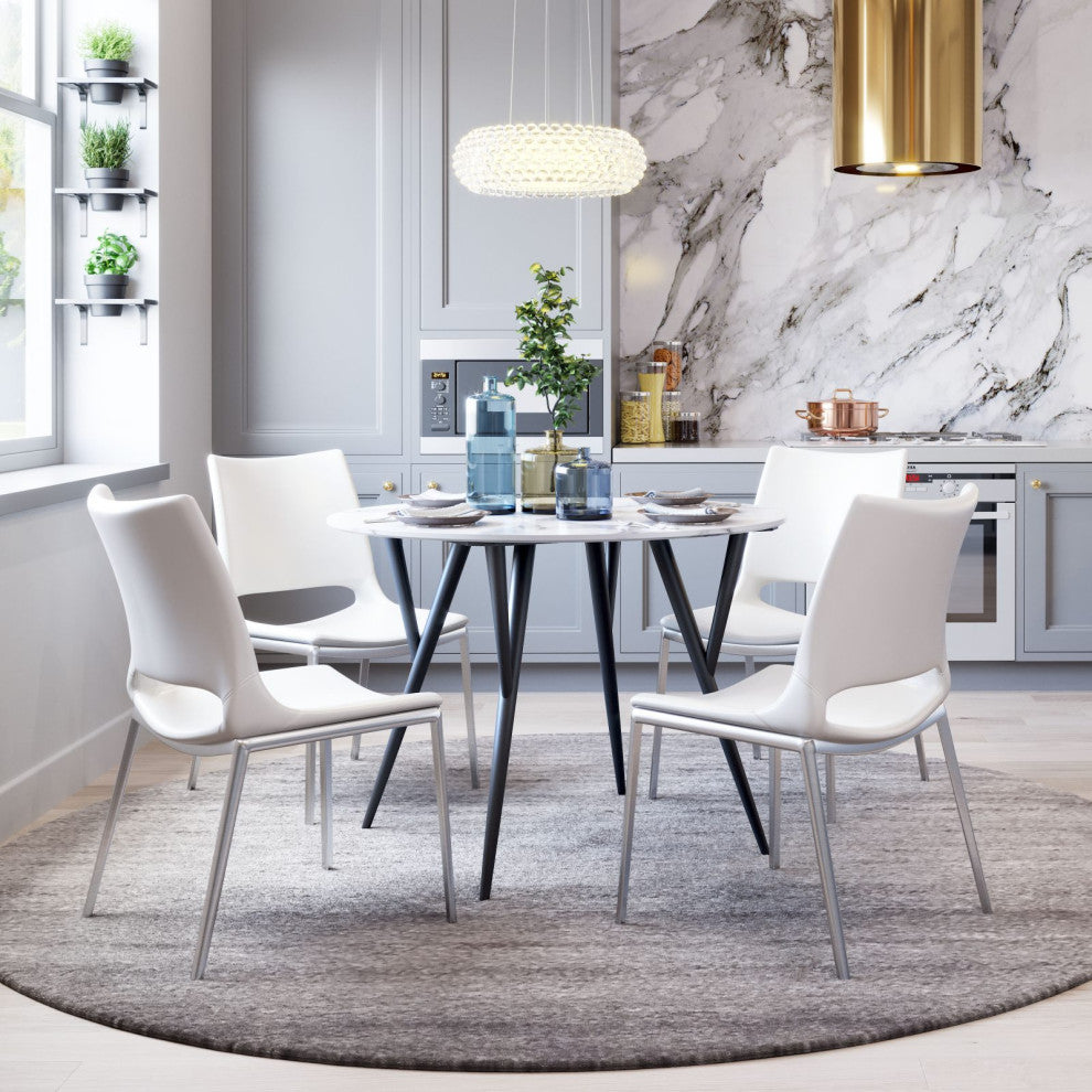 Dining Chair, Set of 2, Faux Vinyl Leather, Steel, White, Silver, Cafe Bistro
