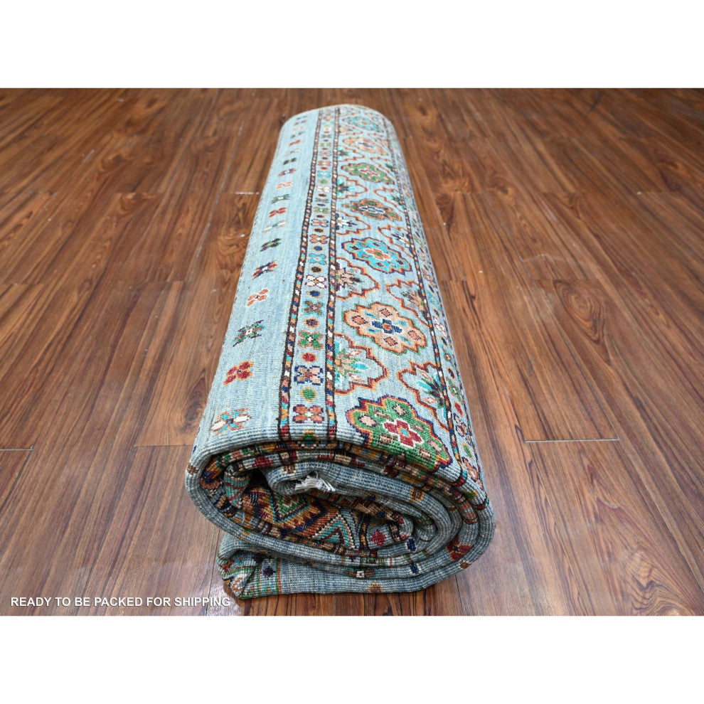 Blue Gray Super Kazak Khorjin Design Hand Knotted Wool Oriental Rug 8'2"x11'10"
