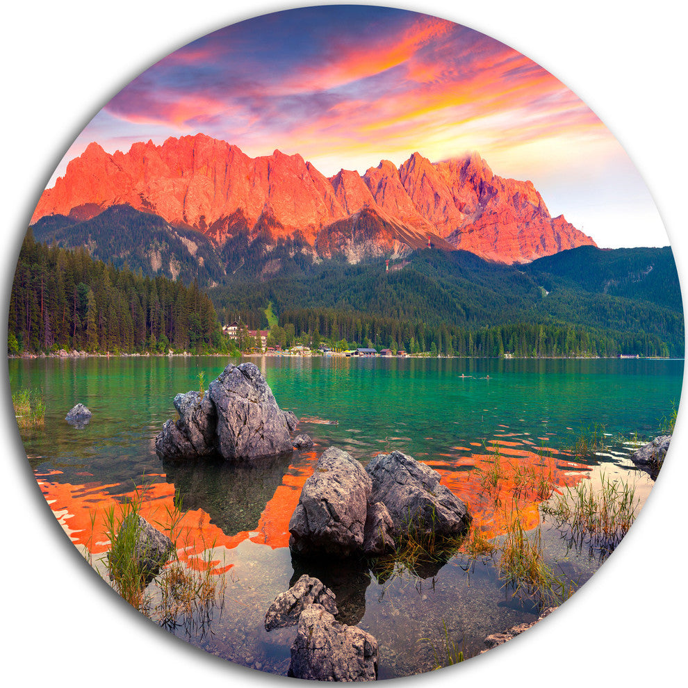 Colorful Eibsee Lake Sunset, Landscape Photo Round Wall Art, 11"
