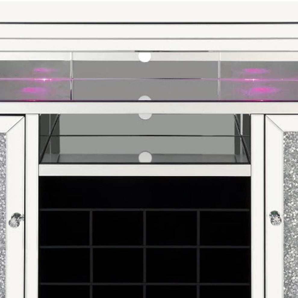 Benzara BM269546 Mirrored Wine Cabinet With 2 Doors and LED Lights, Silver