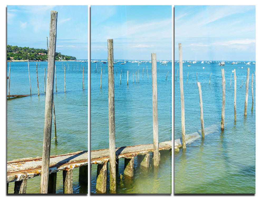"Wooden Piers by Blue Sea" Photo Metal Wall Art, 3 Panels, 36"x28"