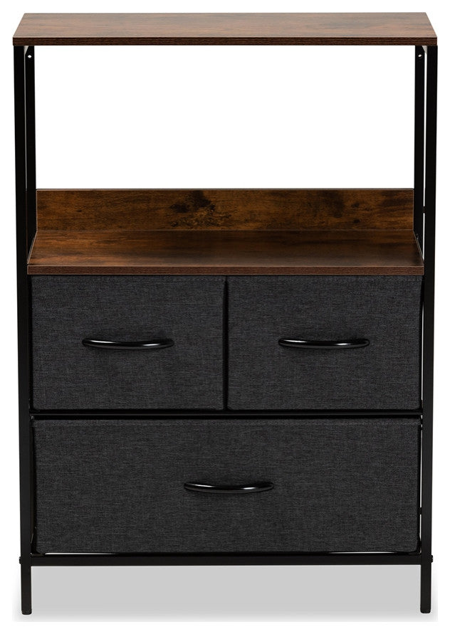 Modern Industrial Gray Fabric Walnut Brown Finished Wood 3Drawer Storage Cabinet