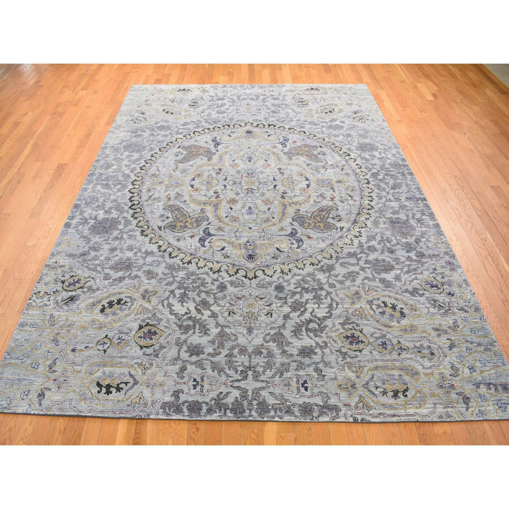 Silver Gray, THE MAHARAJA Design, Silk With Wool Hand Knotted Rug, 9'0"x12'0"