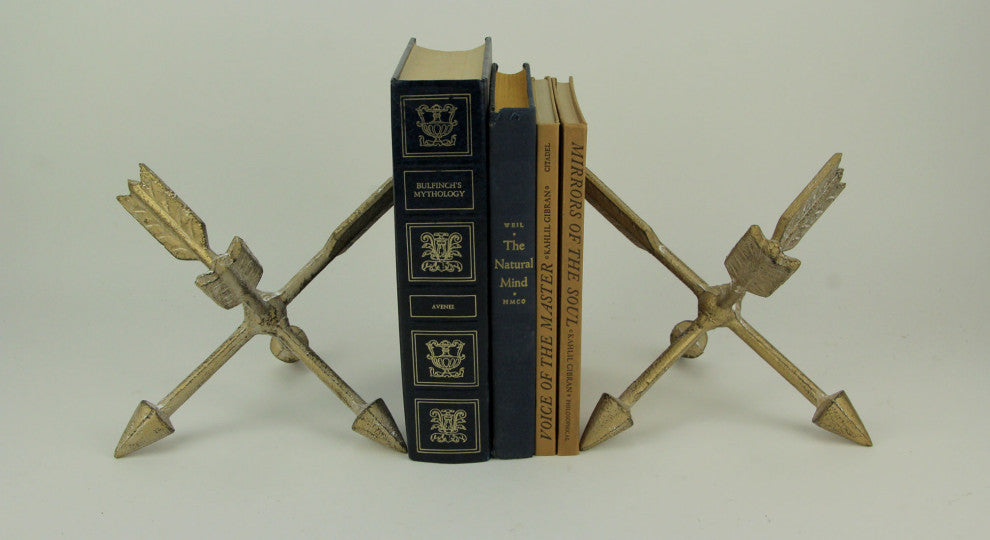 Vintage Gold Cast Iron Crossed Arrows Table Sculptures or Bookends Set of 2