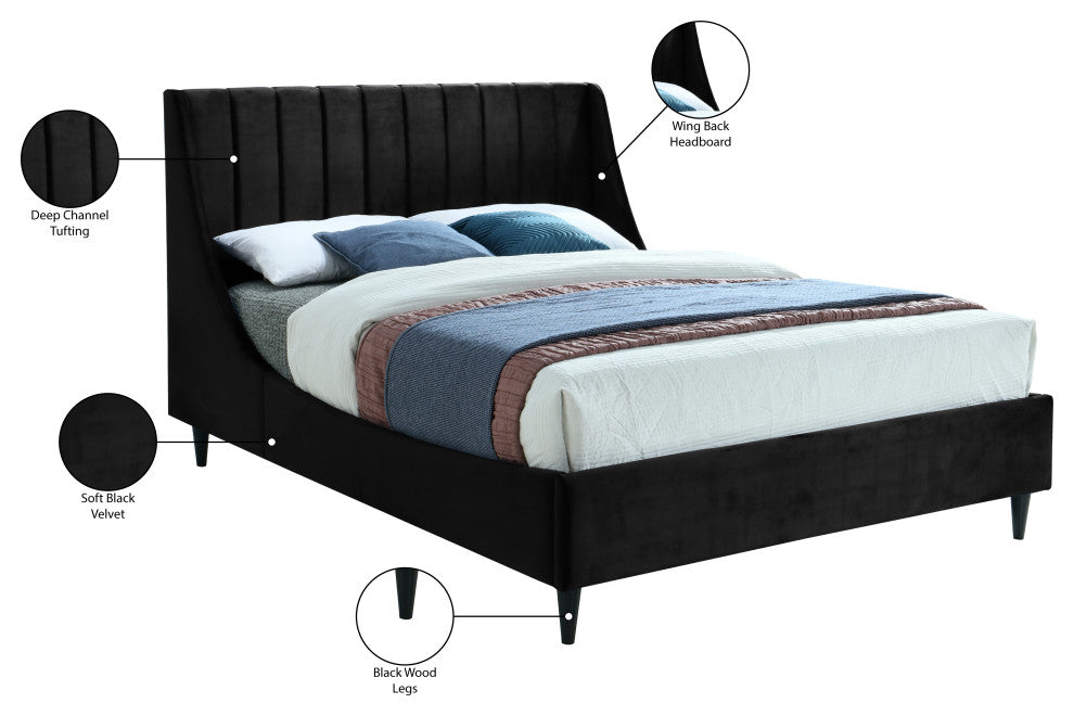 Eva Velvet Upholstered Bed, Black, Queen