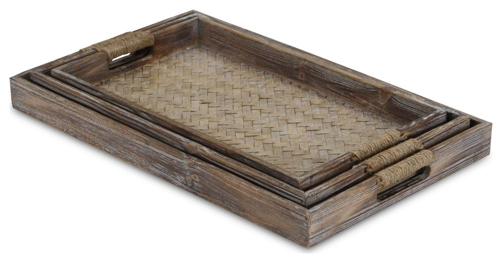 3-Piece Brown Wooden Trays With Center Bamboo Pattern And Rope Handles