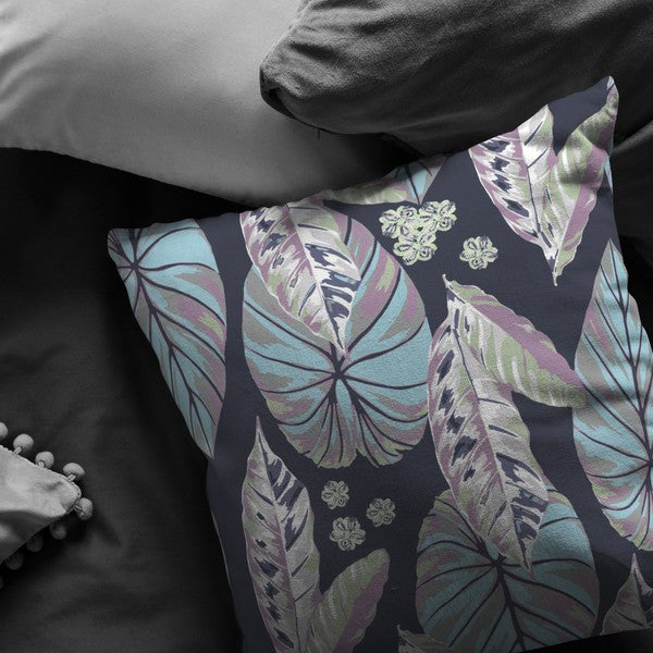 20" Blue Purple Tropical Leaf Indoor Outdoor Zippered Throw Pillow