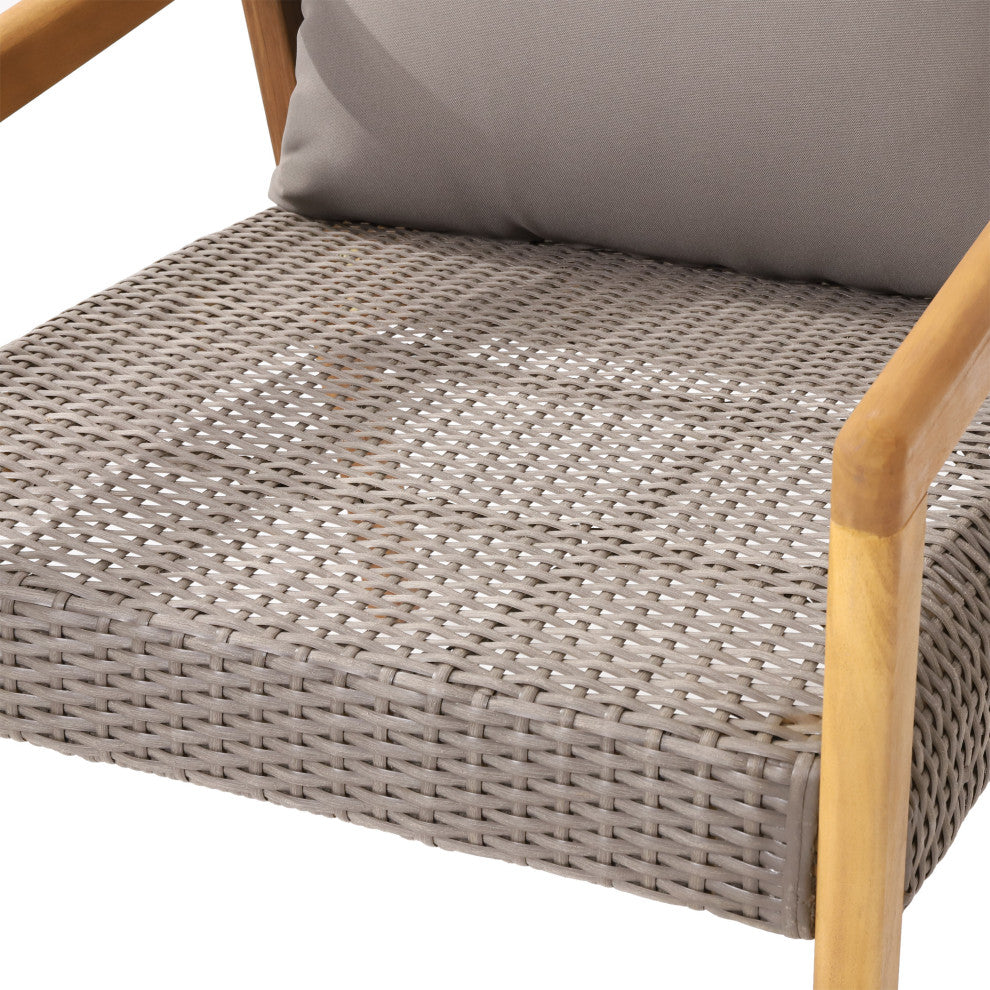 Breck Outdoor Acacia Wood and Wicker Club Chairs with Cushion, Set of 2