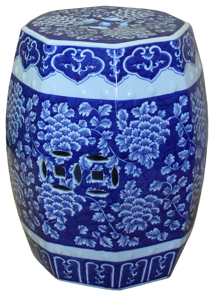 Chinese Blue and White Porcelain Floral Theme Octagon Stool Table Hcs4348