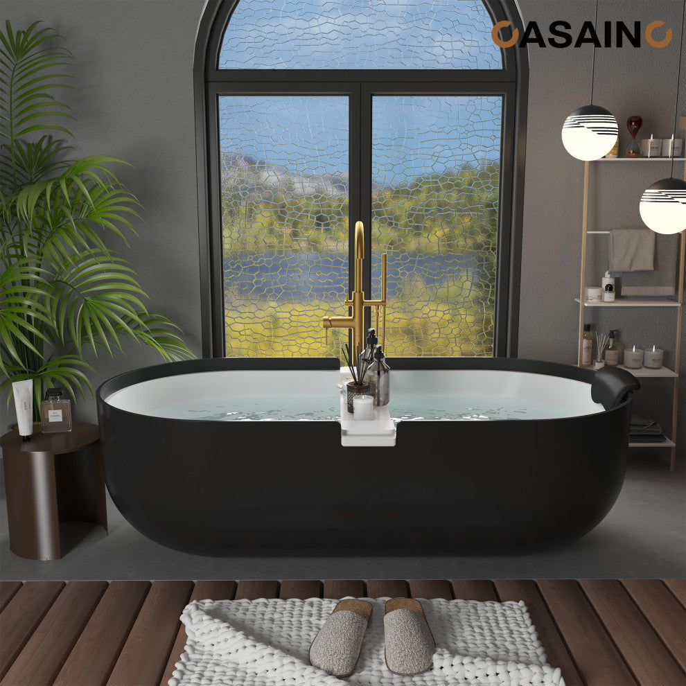 67in White Solid Surface Freestanding Soaking Bathtub with Drain, 71in