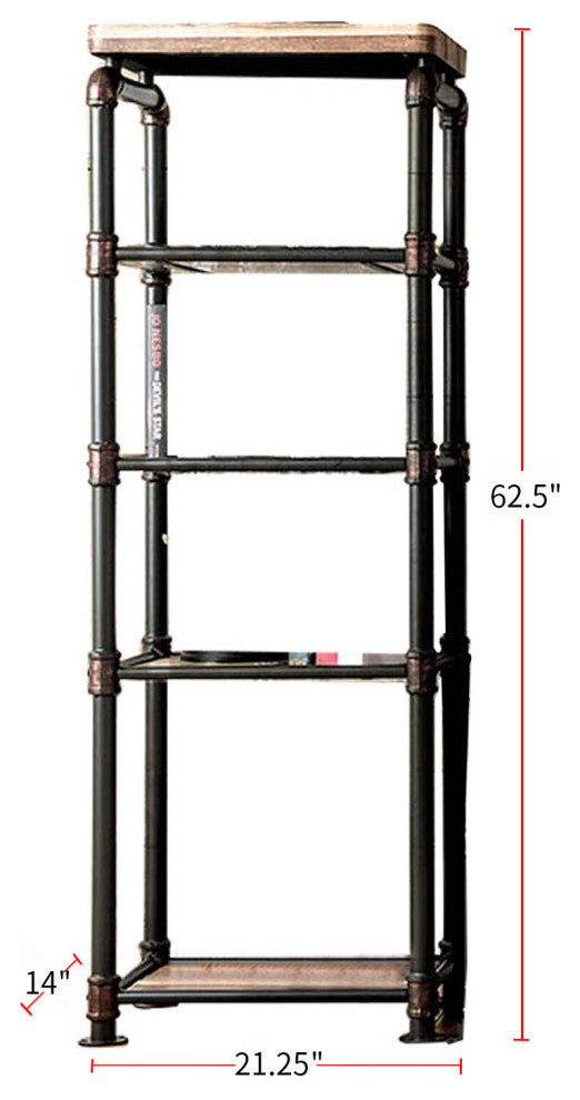 Metal and Wood Pier Cabinet With 4-Tier Shelf, Antique Black and Natural Tone