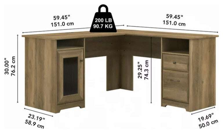 Corner Desk, 2 Drawers & Storage Cabinet With Fluted Glass Door, Reclaimed Pine