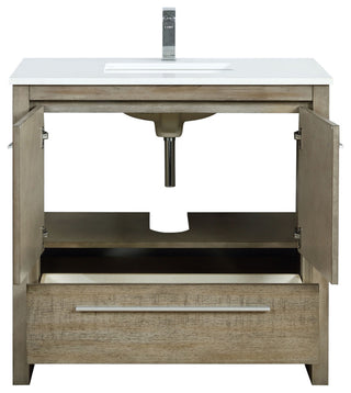 Lafarre 36 Rustic Acacia Vanity, White Quartz Top, Sink, Gun Metal Faucet Set