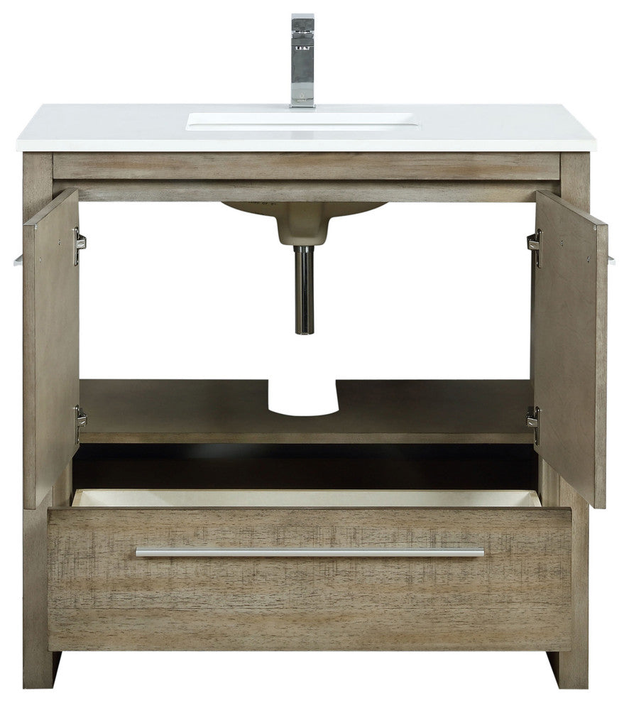 Lafarre 36 Rustic Acacia Vanity, White Quartz Top, Sink, Gun Metal Faucet Set