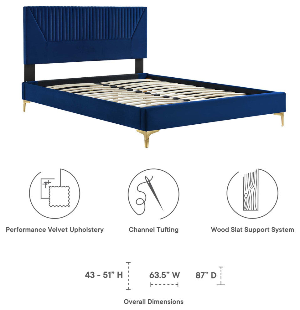 Yasmine Channel Tufted Performance Velvet Queen Platform Bed, Navy