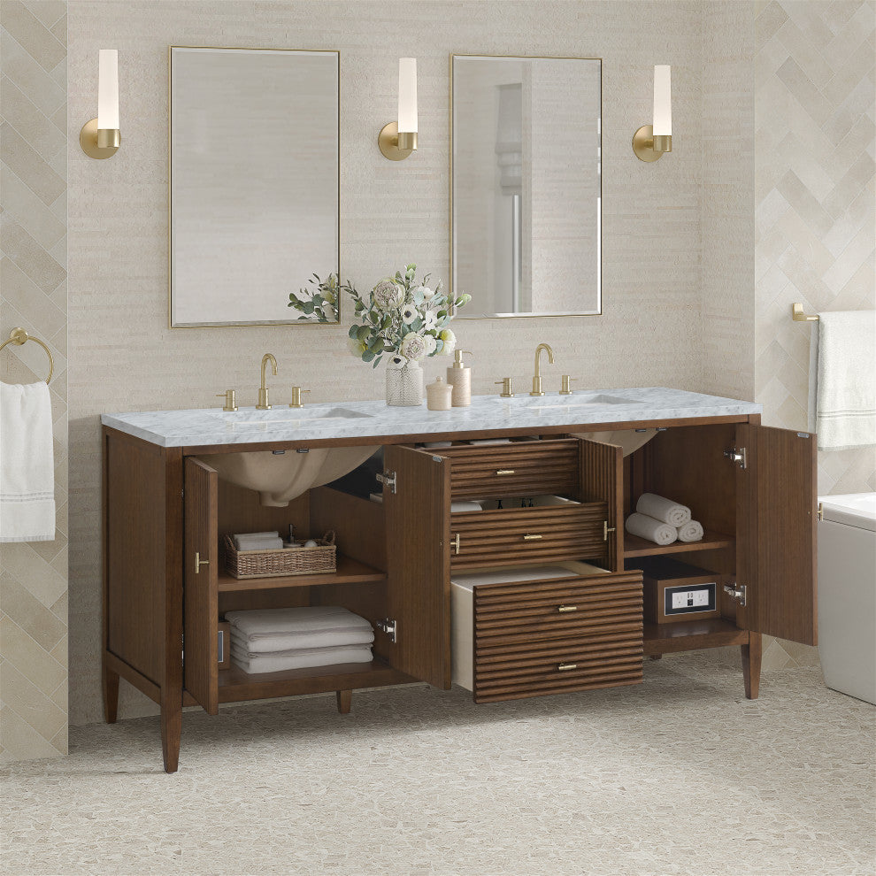 Myrrin 72" Double Vanity, Mid Century Walnut, 3 CM Carrara White Marble Top
