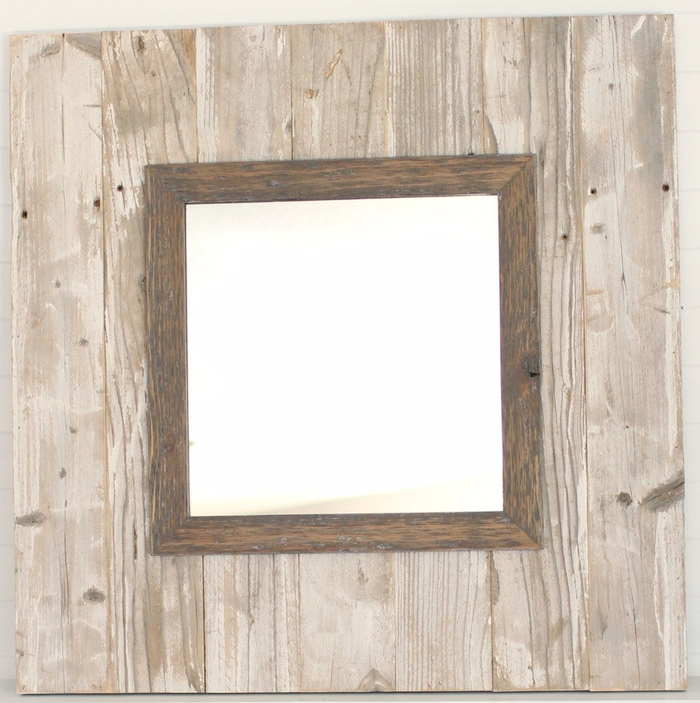 Reclaimed Slat Mirror With Whitewashed Boards, 34x34