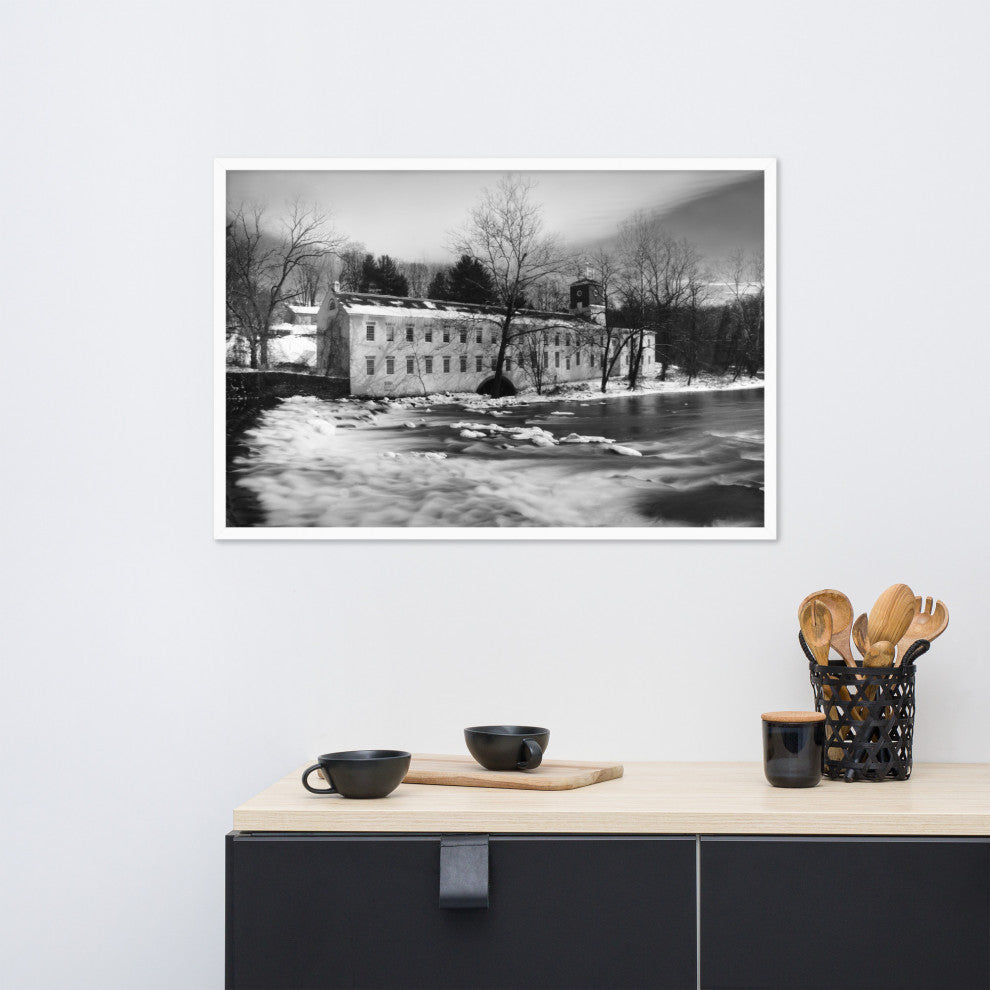 Winter at Powder Mill Rural Landscape Framed Photo Paper Wall Art Prints, White, 24" X 36"