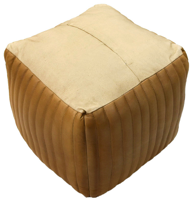 Poufs-Solid Handmade Goat Leather Pouf, Recycled Cotton Fill, Beige, Square 16x16x16
