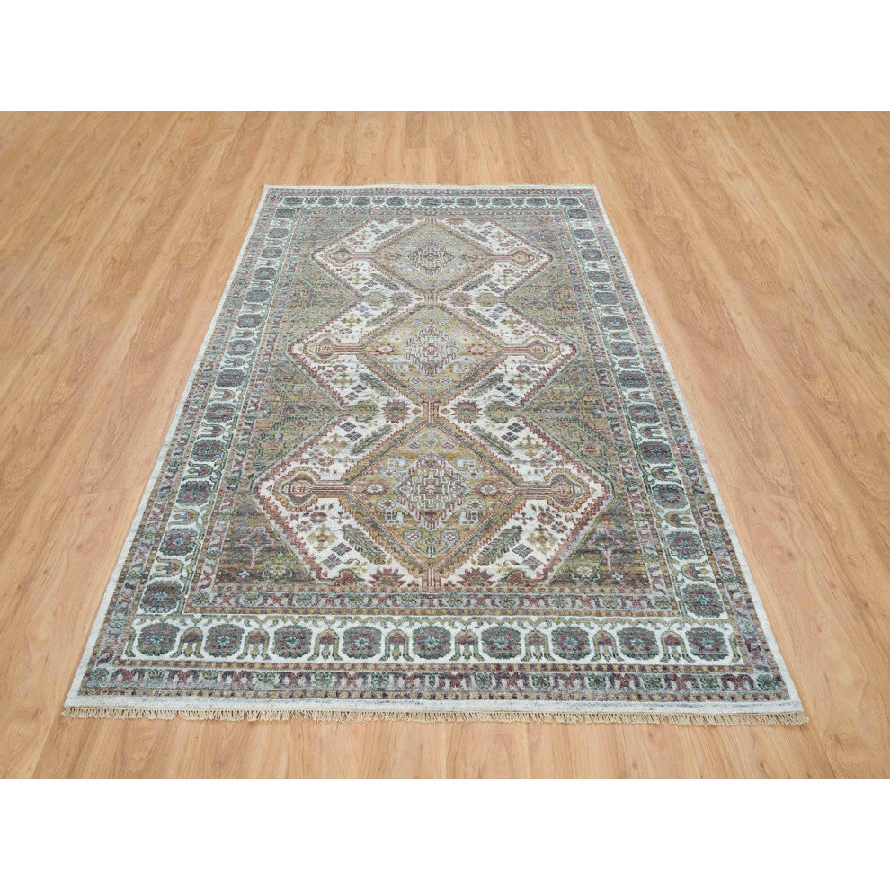 Ivory Shiraz Rosettes Flower Border Hand Knotted Wool Oriental Rug, 6'1"x9'