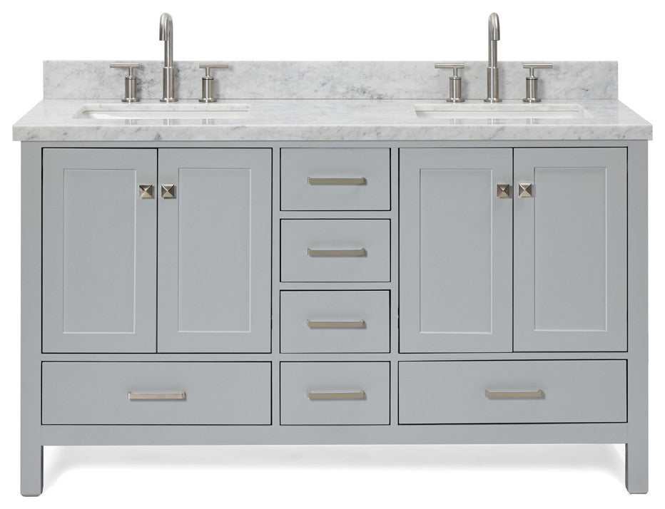 ARIEL Cambridge 61" Double Rectangle Sink Bathroom Vanity Grey With Marble Top