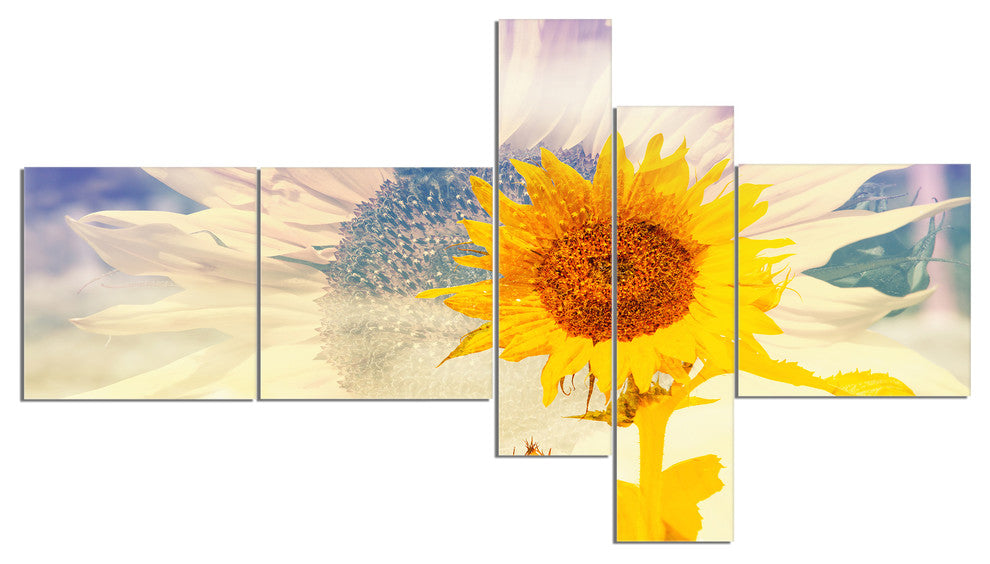 Double Exposure Yellow Sunflowers, Floral Canvas Art Print, 60"x32", 5 panels