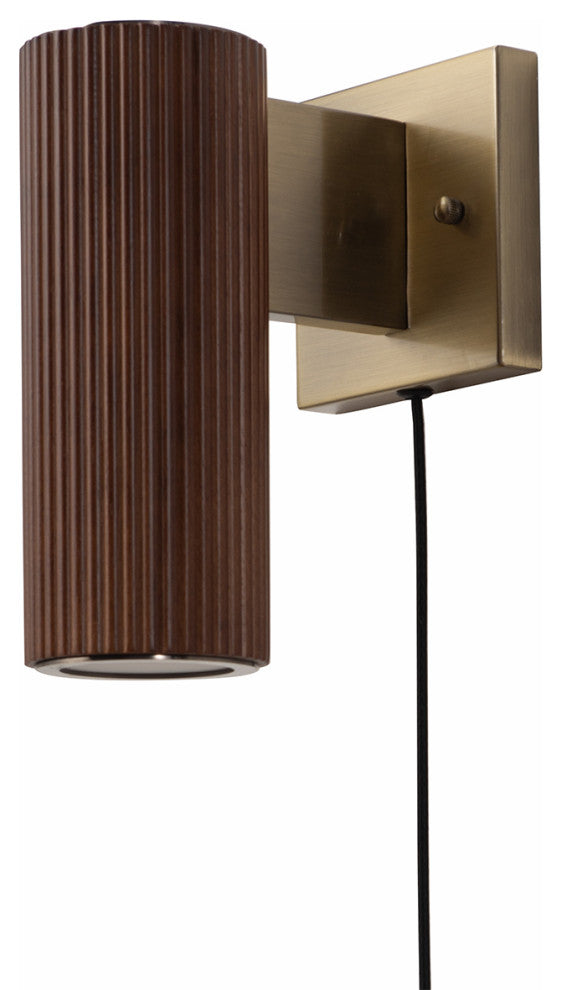 Tambo Wall Sconce - Dark Walnut Wood Finish, Weathered Brass, Dimmer, Dark Walnut