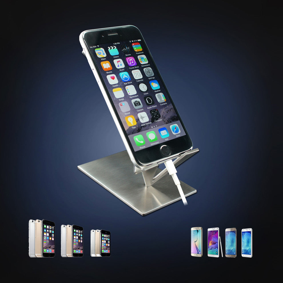 Modern Cell Phone Stand, Stainless Steel, Satin Finish.