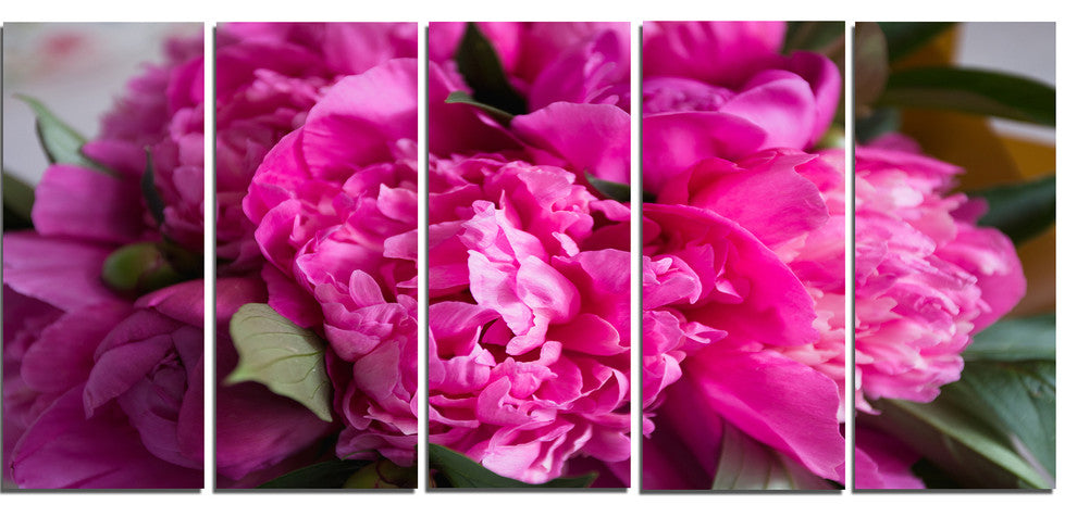 Pink Peonies on Wooden Background, Flower Artwork on Canvas, 60"x28", 5 Panels