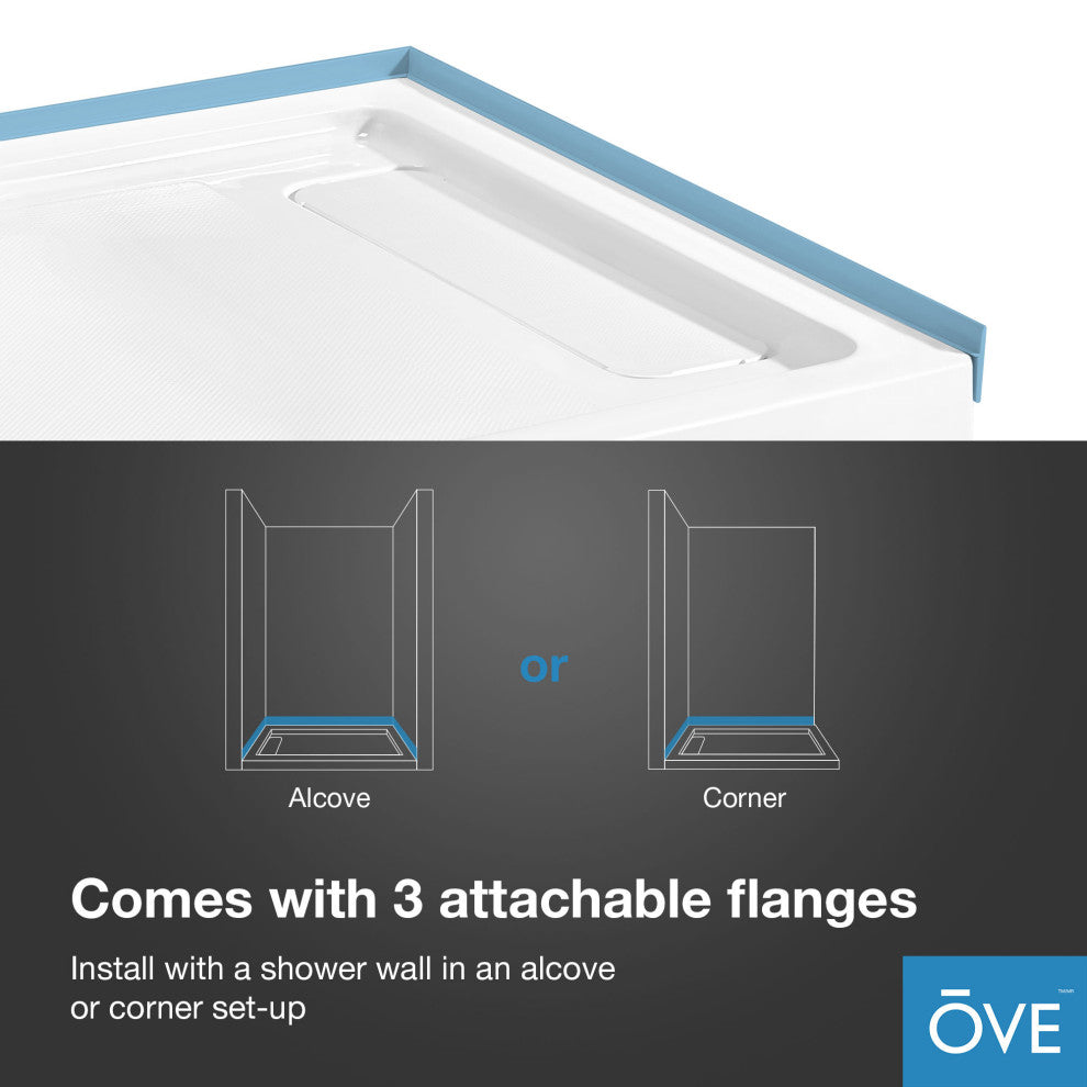 Ove Decors Erika Shower Base Rectangle, White, 54"x36", Side Drain