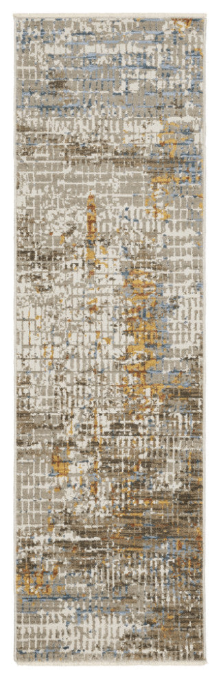 8' Beige Grey Brown Gold Red And Blue Abstract Power Loom Runner Rug With Fringe