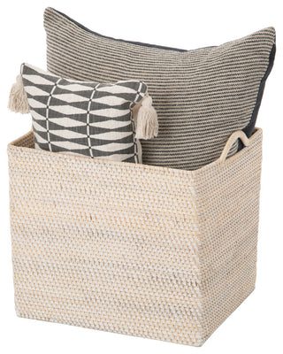 Loma Rectangular Tall Decorative Rattan Storage Basket with Ear Handles, Large, White Wash