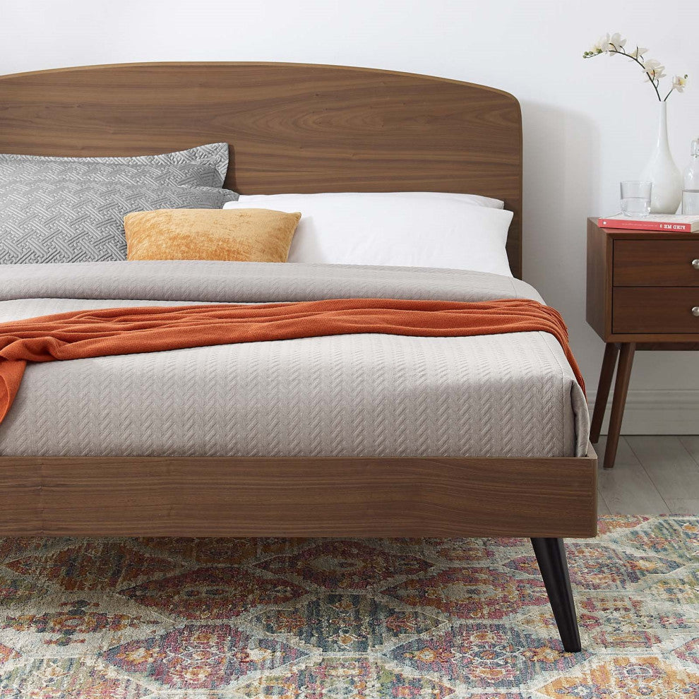 Platform Bed Frame, King Size, Wood, Brown Walnut, Modern Mid-Century, Bedroom