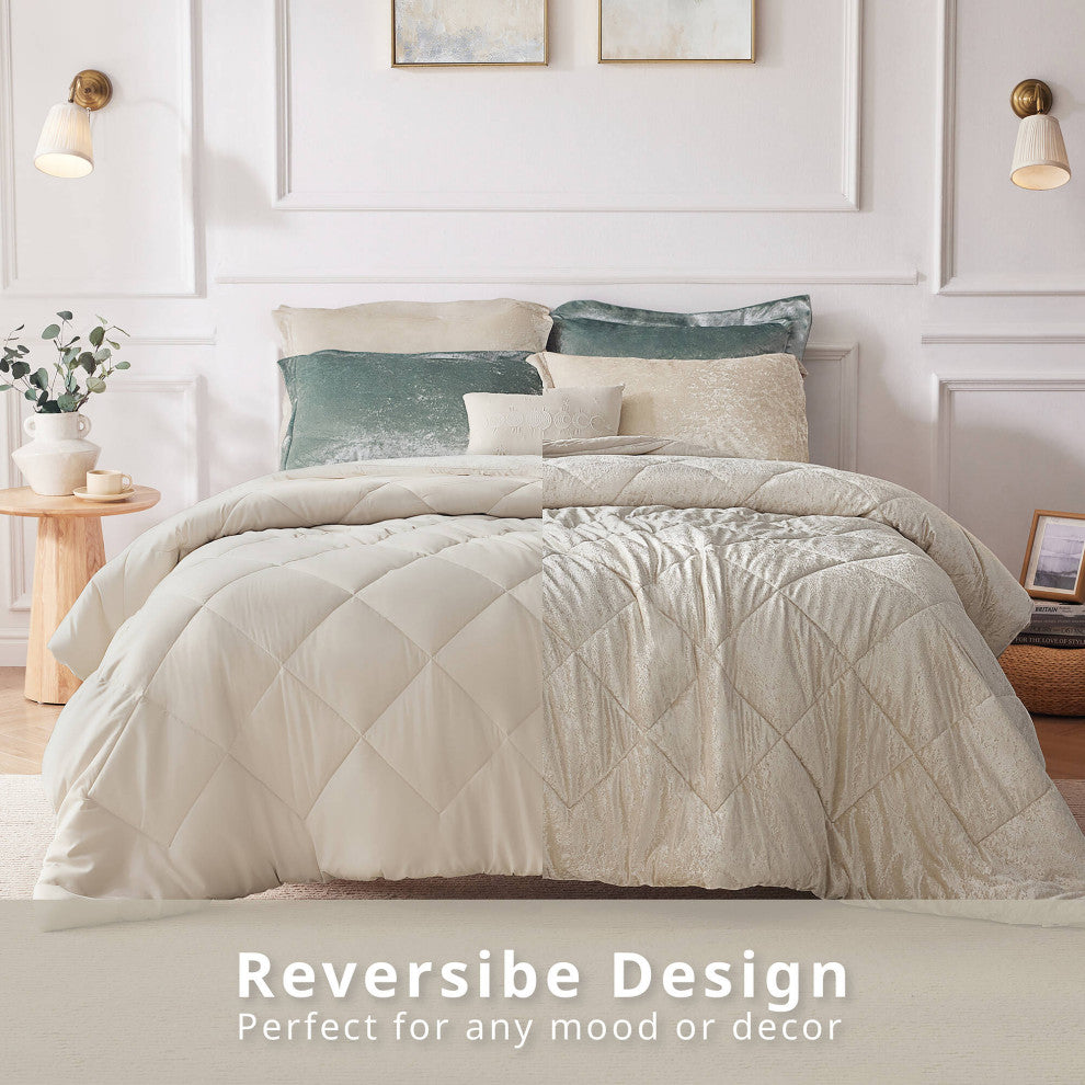 Intelligent Design Velvet Duvet Cover Set With Throw Pillow, Champagne