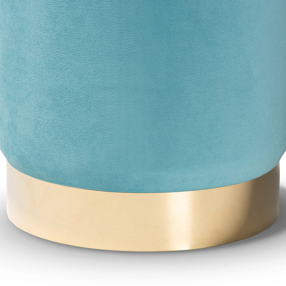 Greaves Glam Velvet Fabric Upholstered Ottoman, Sky Blue/Gold