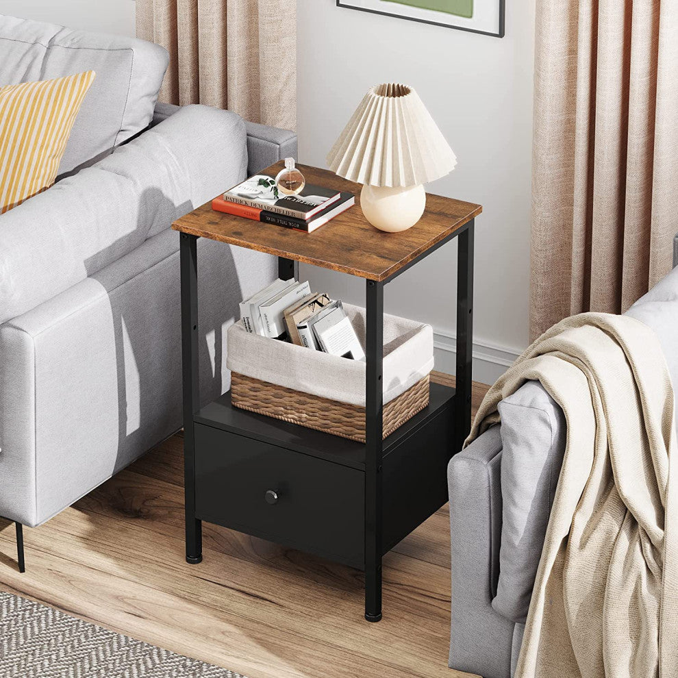 Nightstand with Drawer, Storage and Sturdy Metal Frame, Black