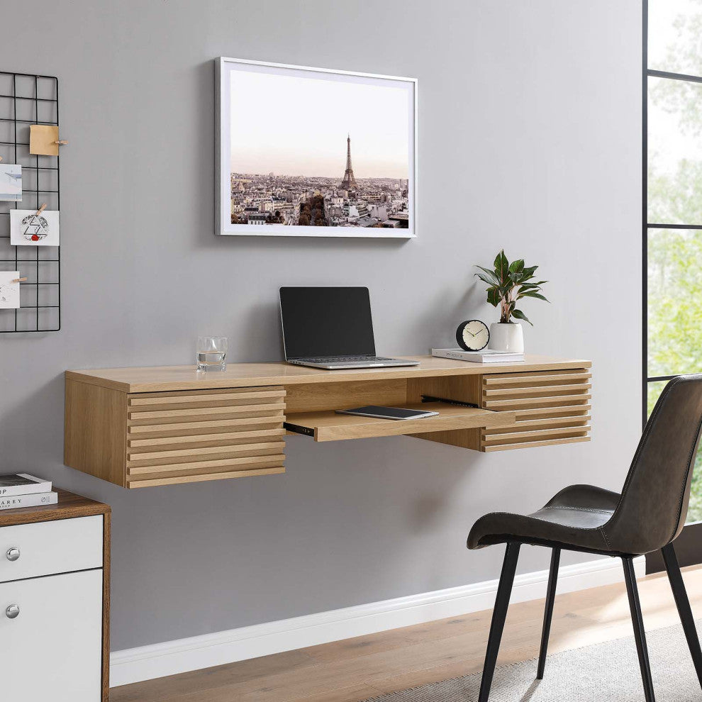 Render Wall Mount Wood Office Desk, Oak